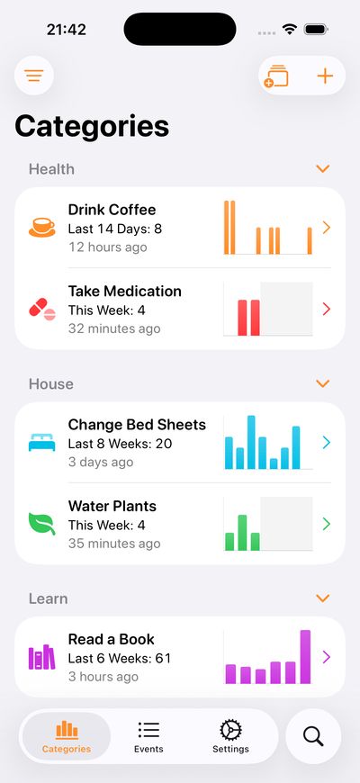 Chronicling iPhone screenshot showing category list